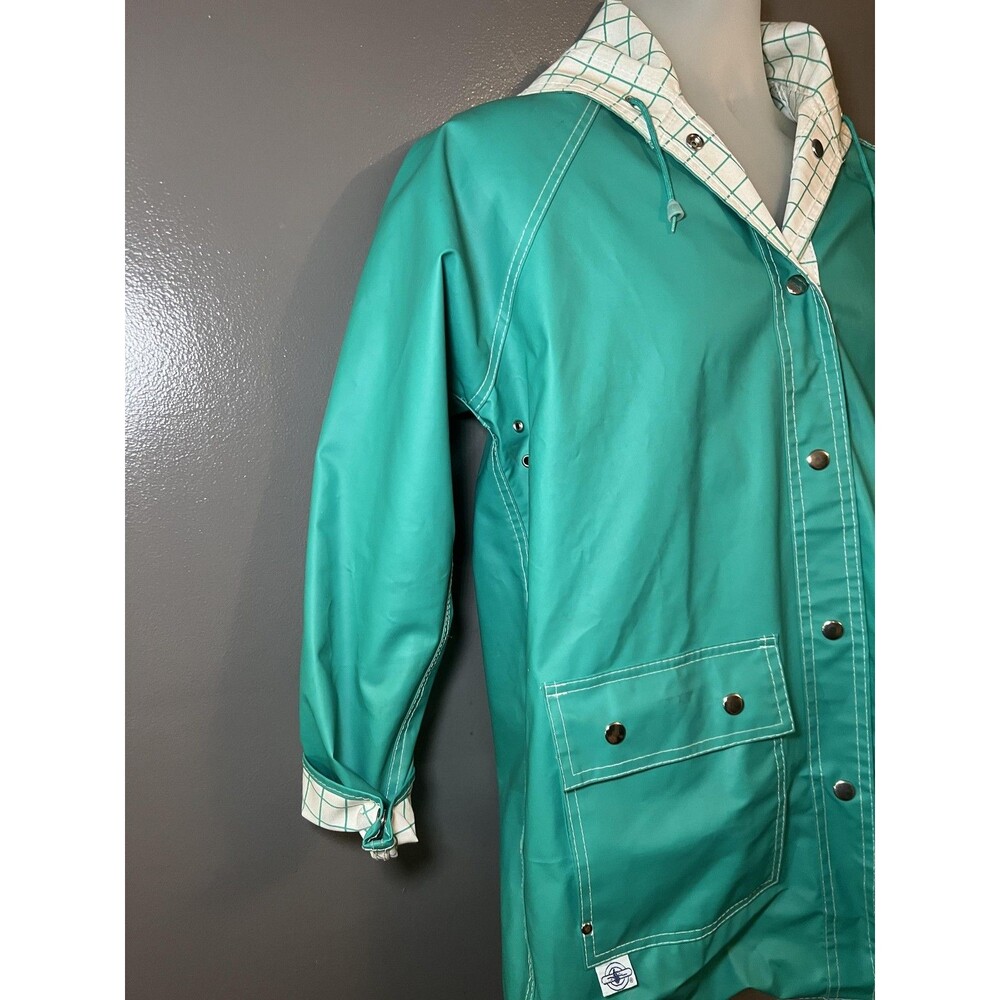 Vintage Charles River Coat Womens Medium Green Hooded PVC Rain Reversible 80s - Picture 5 of 16